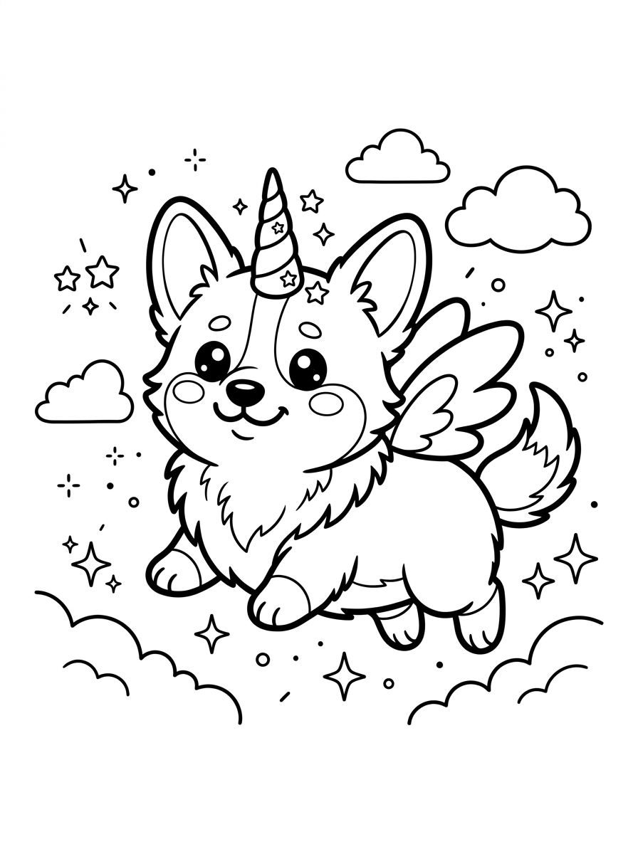Cute Corgi Unicorn Coloring Page