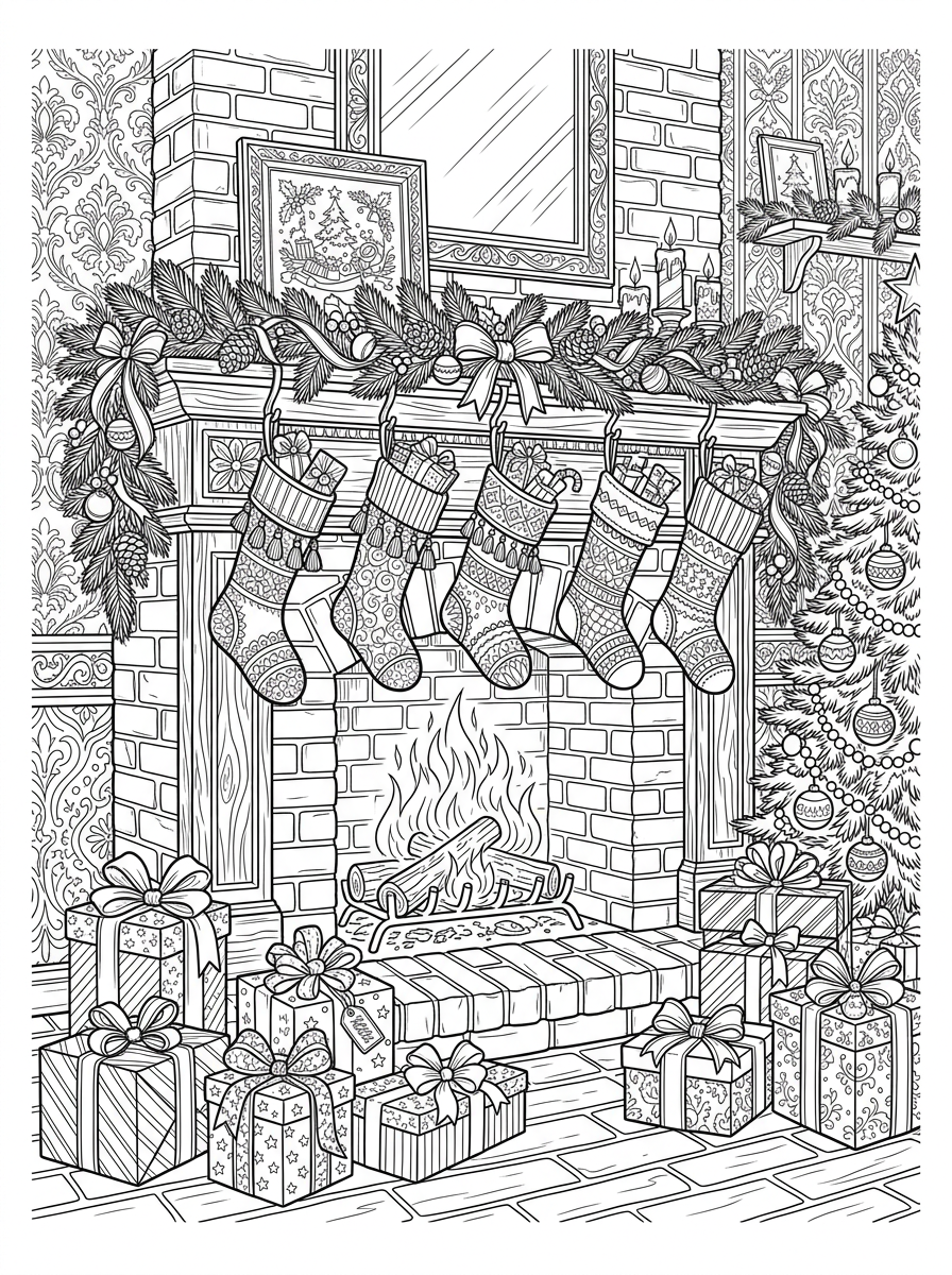 Cozy Christmas Fireplace with Stockings & Garland