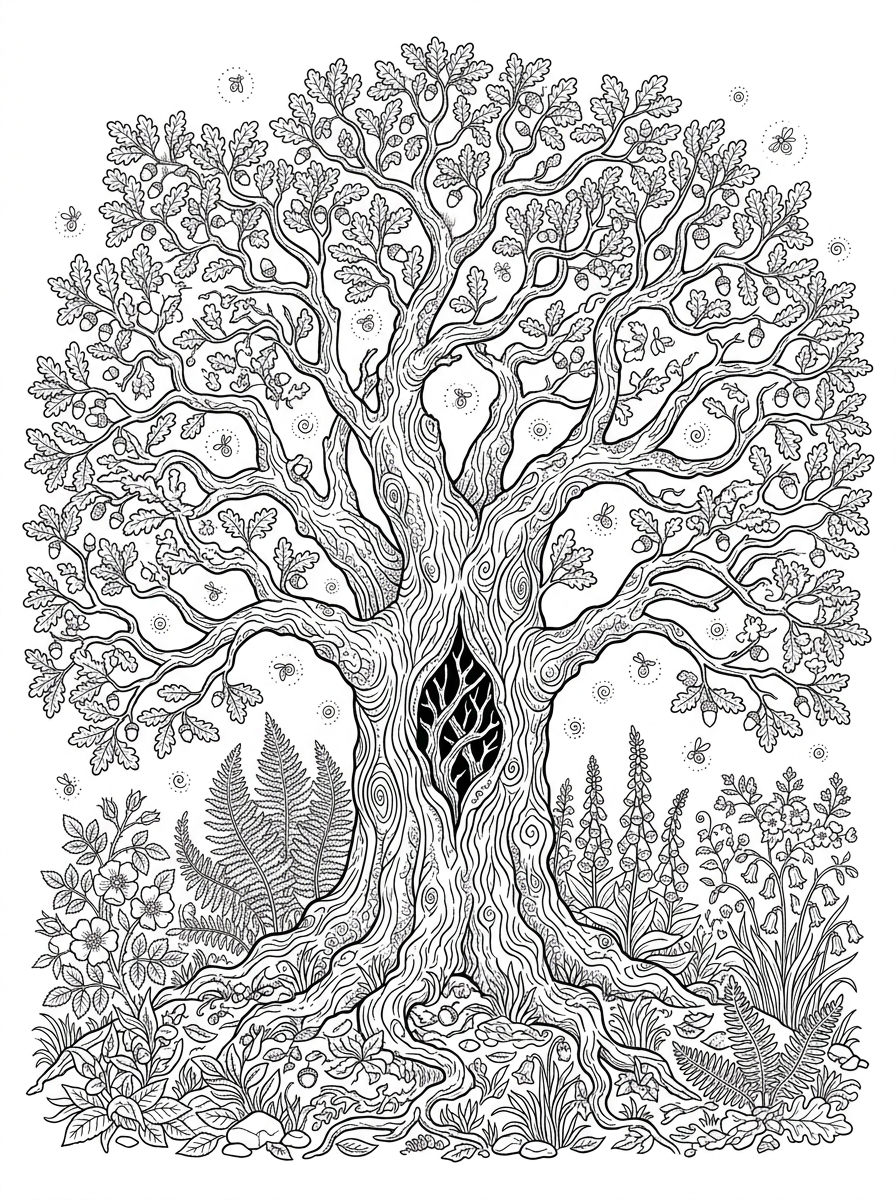 Enchanted Forest Oak with Glowing Fireflies