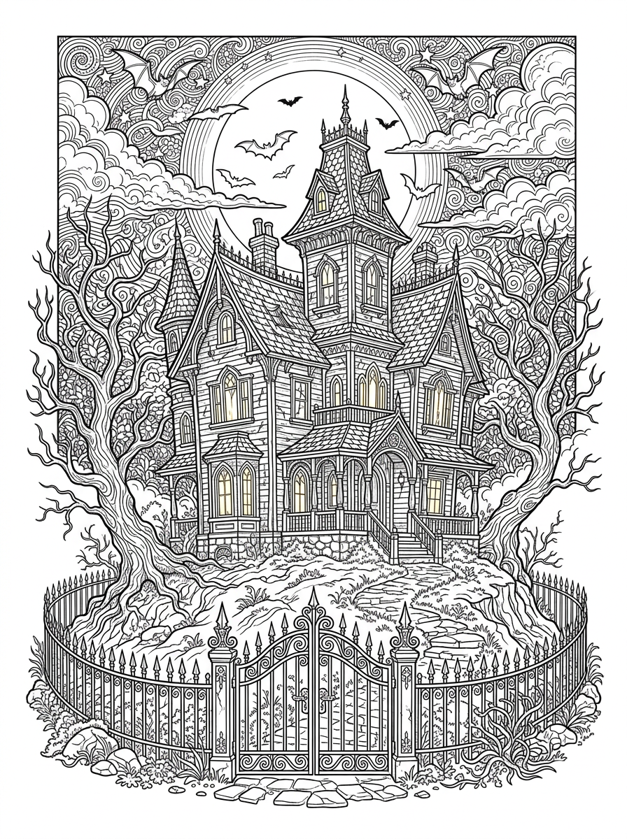 Spooky Haunted Victorian House with Full Moon