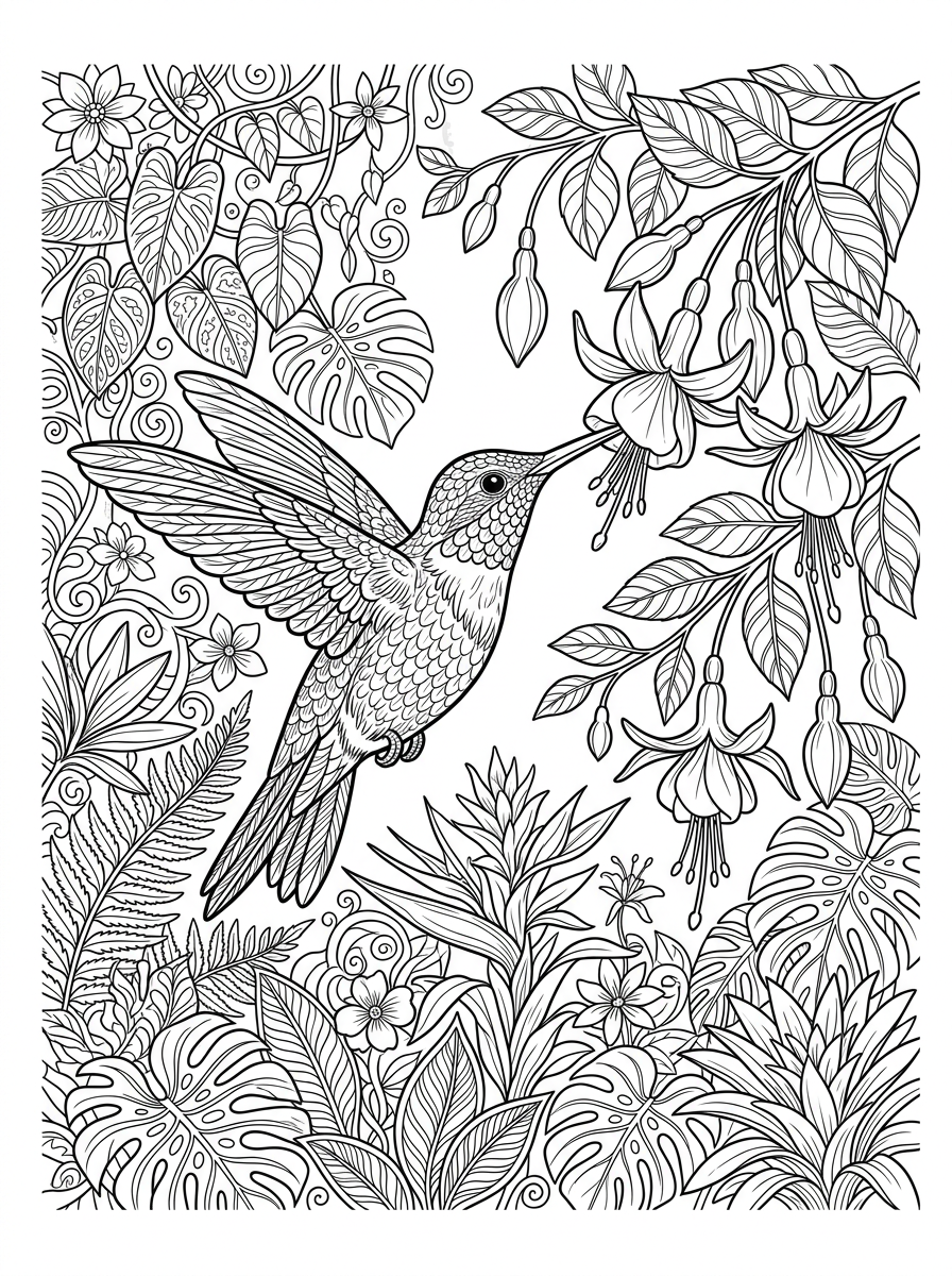 Graceful Hummingbird with Fuchsia Flowers