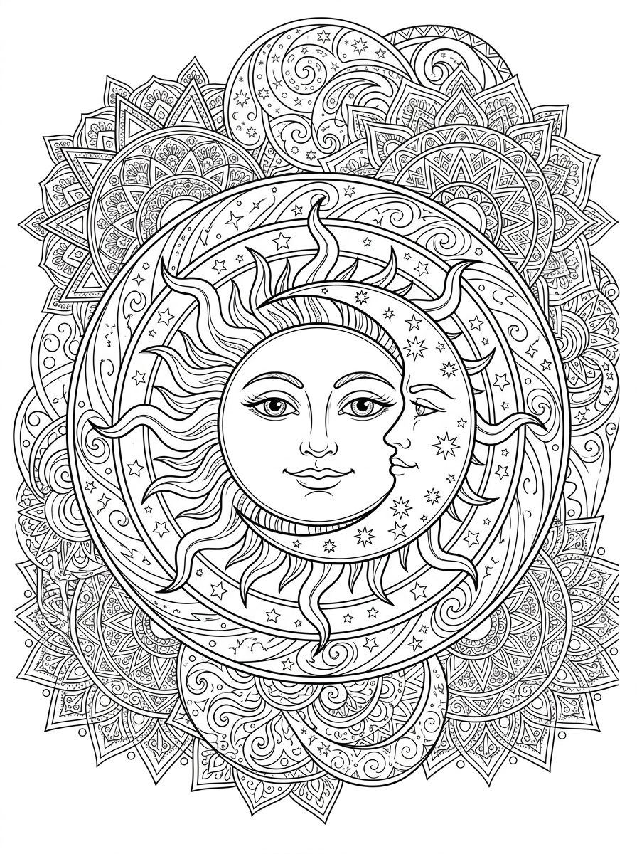 Celestial Sun and Crescent Moon Mandala