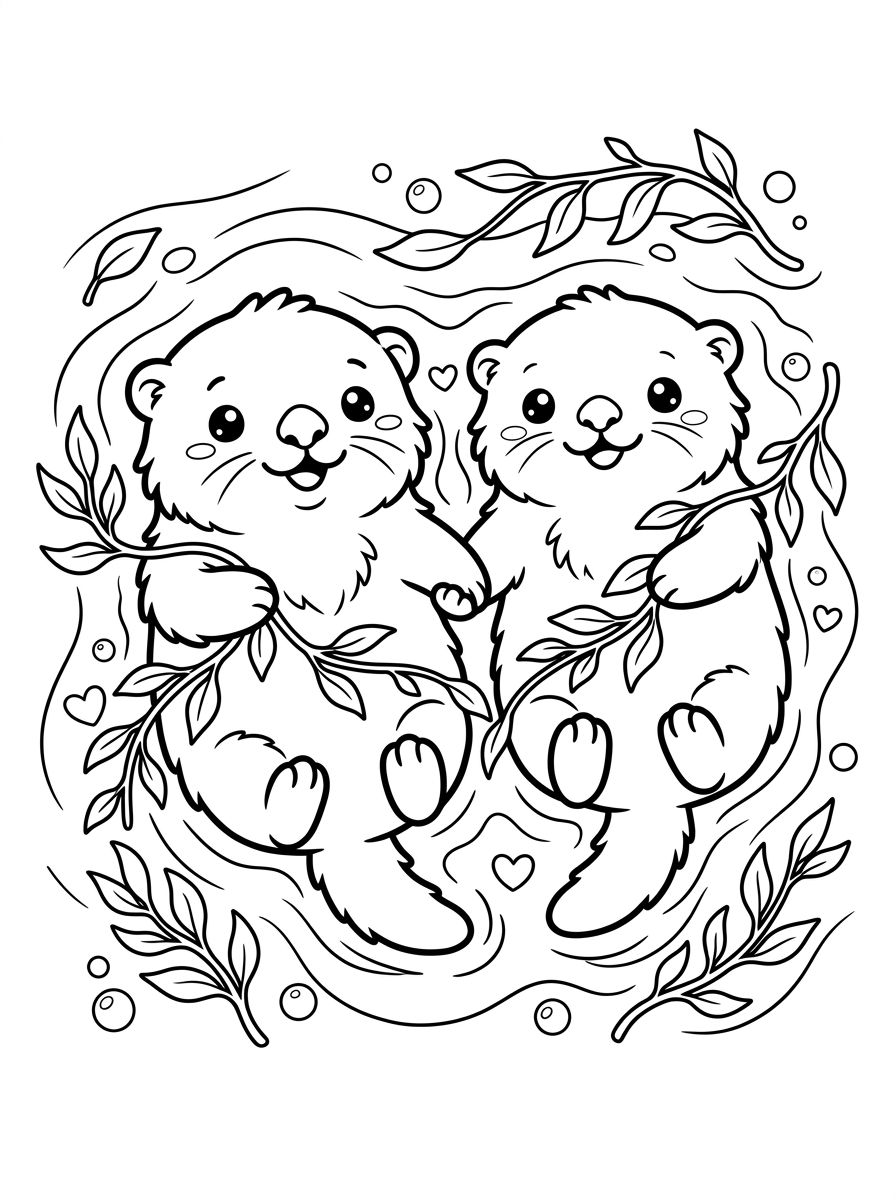 Two Sea Otters Floating & Holding Paws