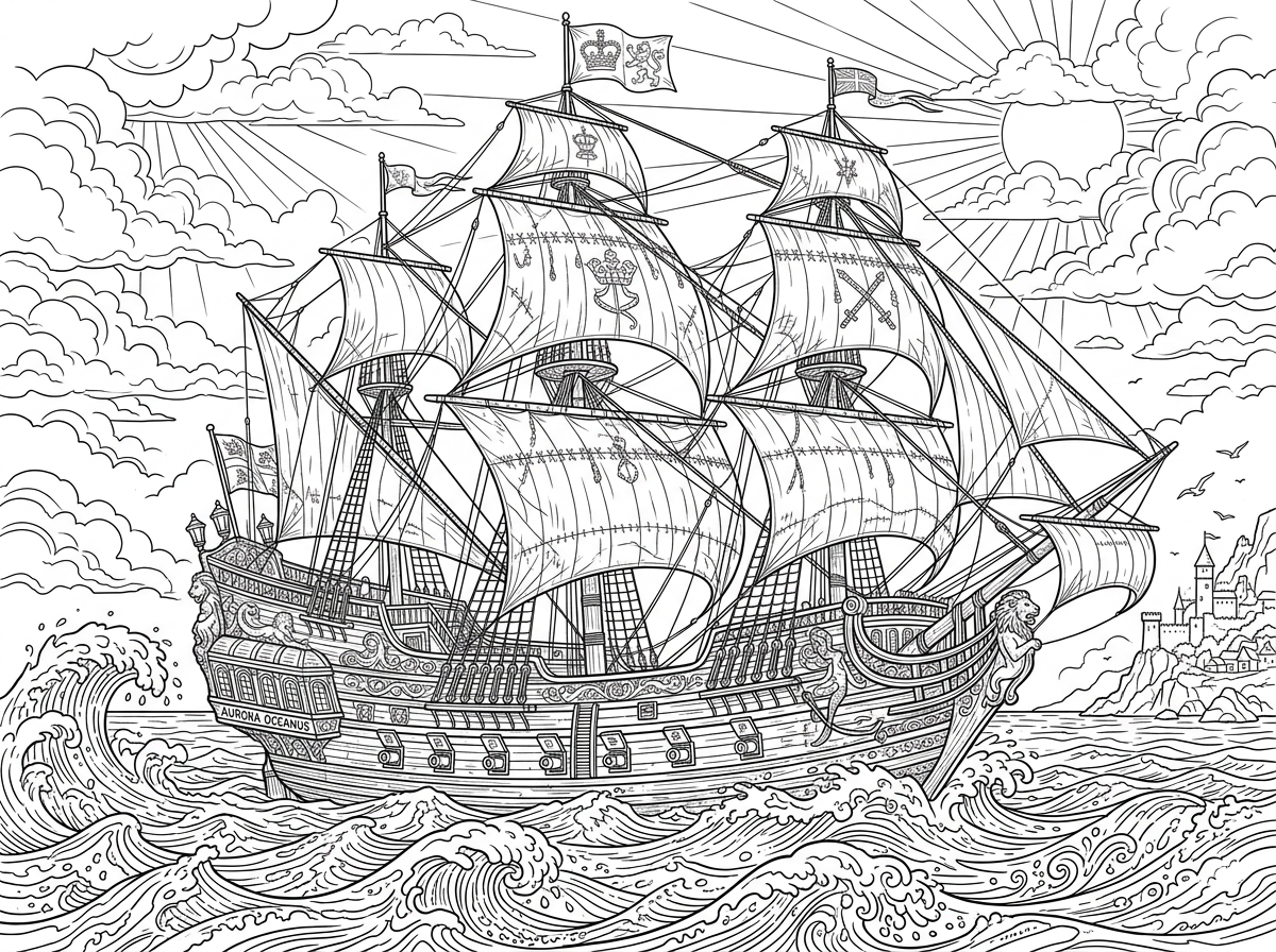 Grand Tall Wooden Sailing Galleon Ship