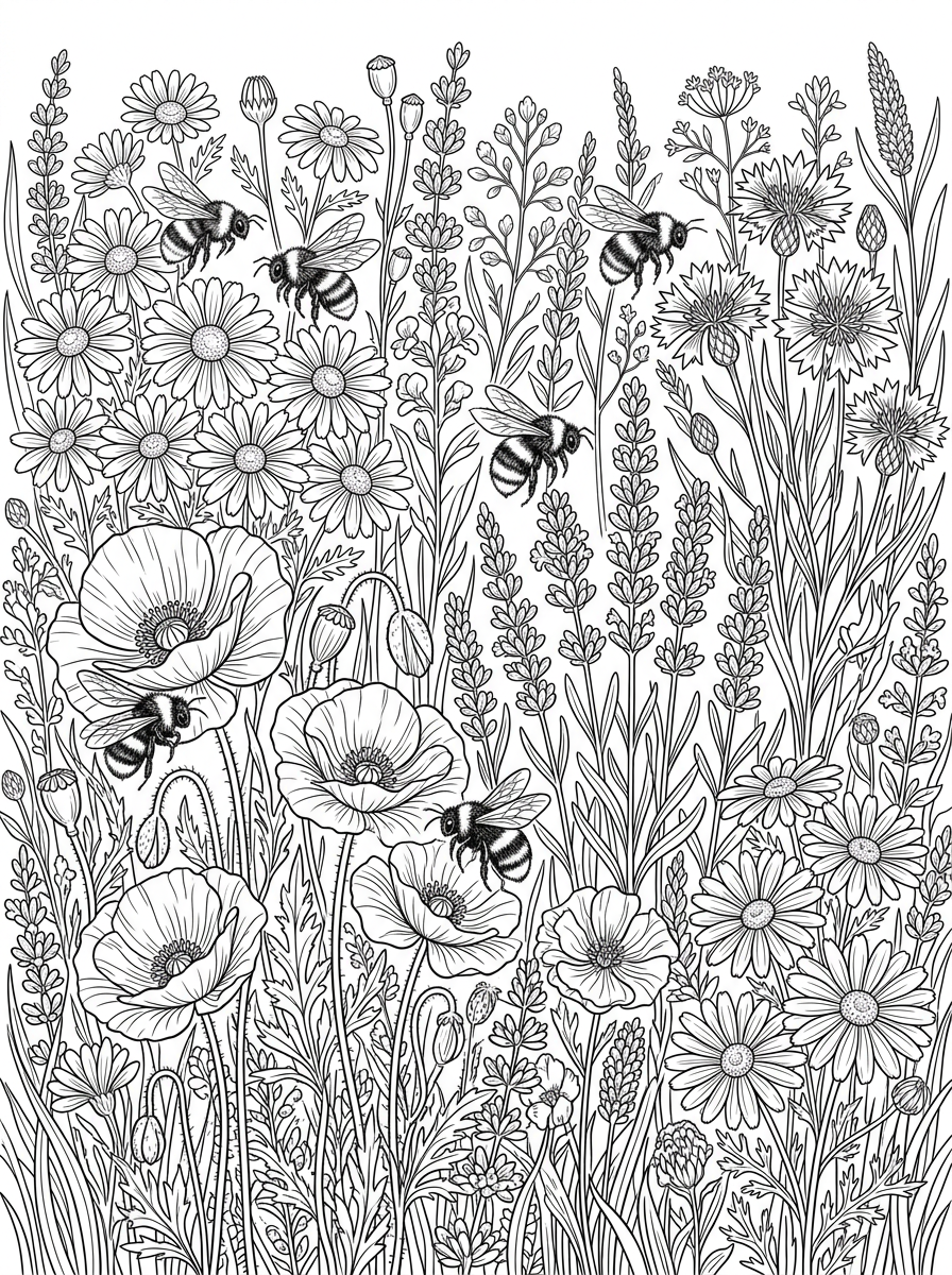 Blooming Wildflower Meadow with Bumblebees