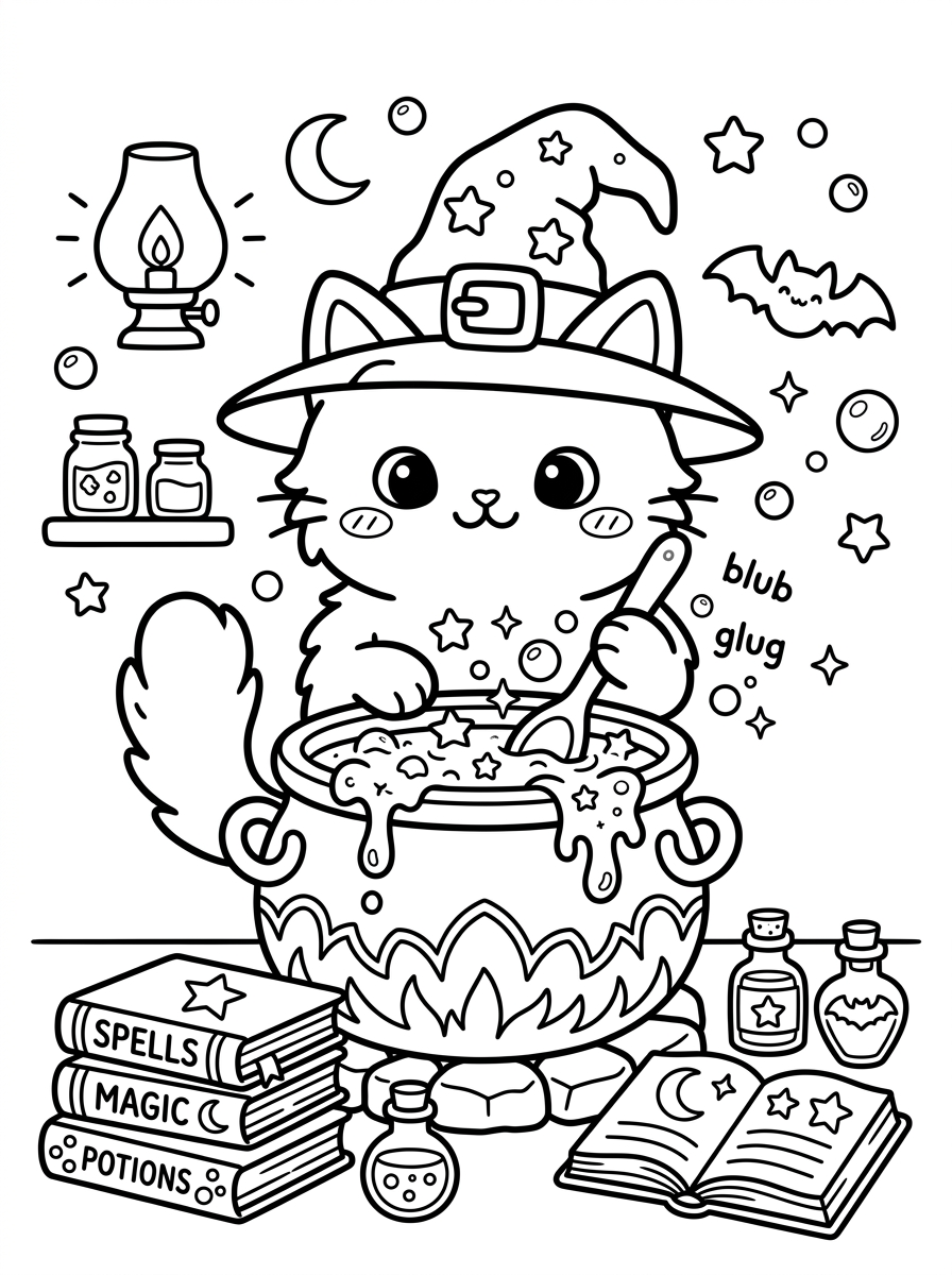 Cute Witch Cat Stirring Magic Cauldron