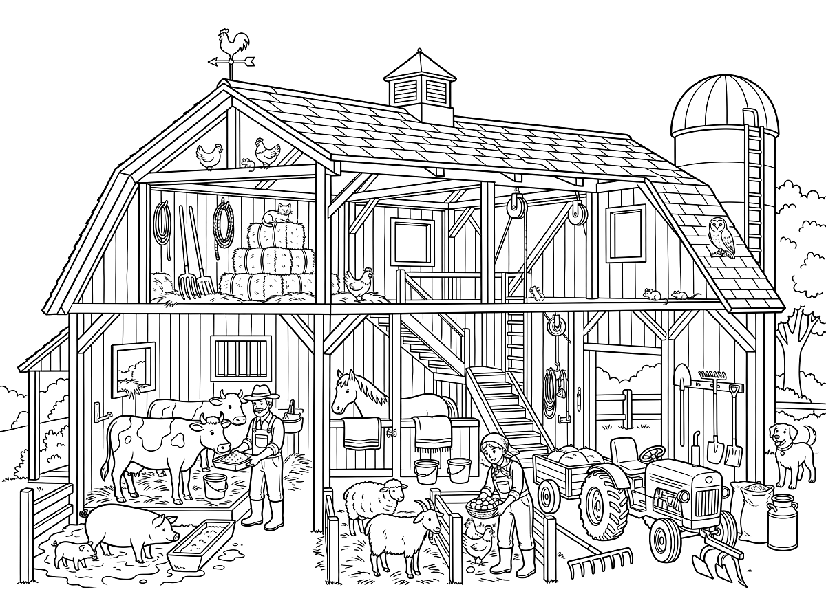 Busy Farm Barn Cutaway Coloring Page