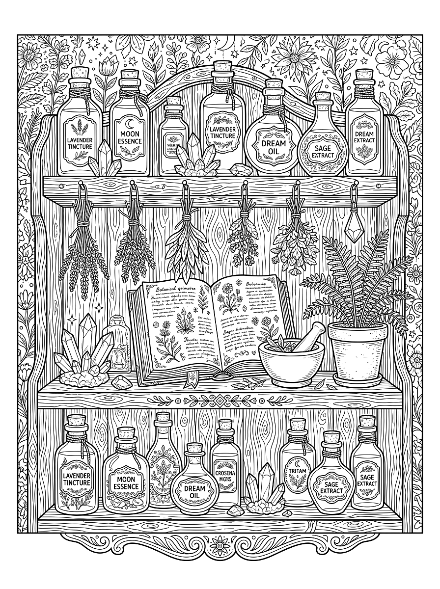 Witchy Herbal Apothecary Shelf Coloring Page