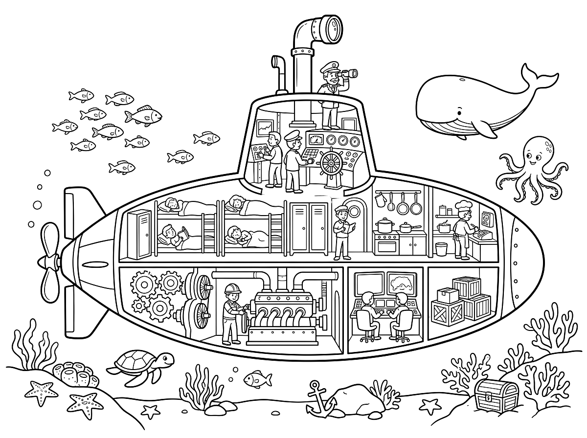 Deep Sea Submarine Cutaway Coloring Page