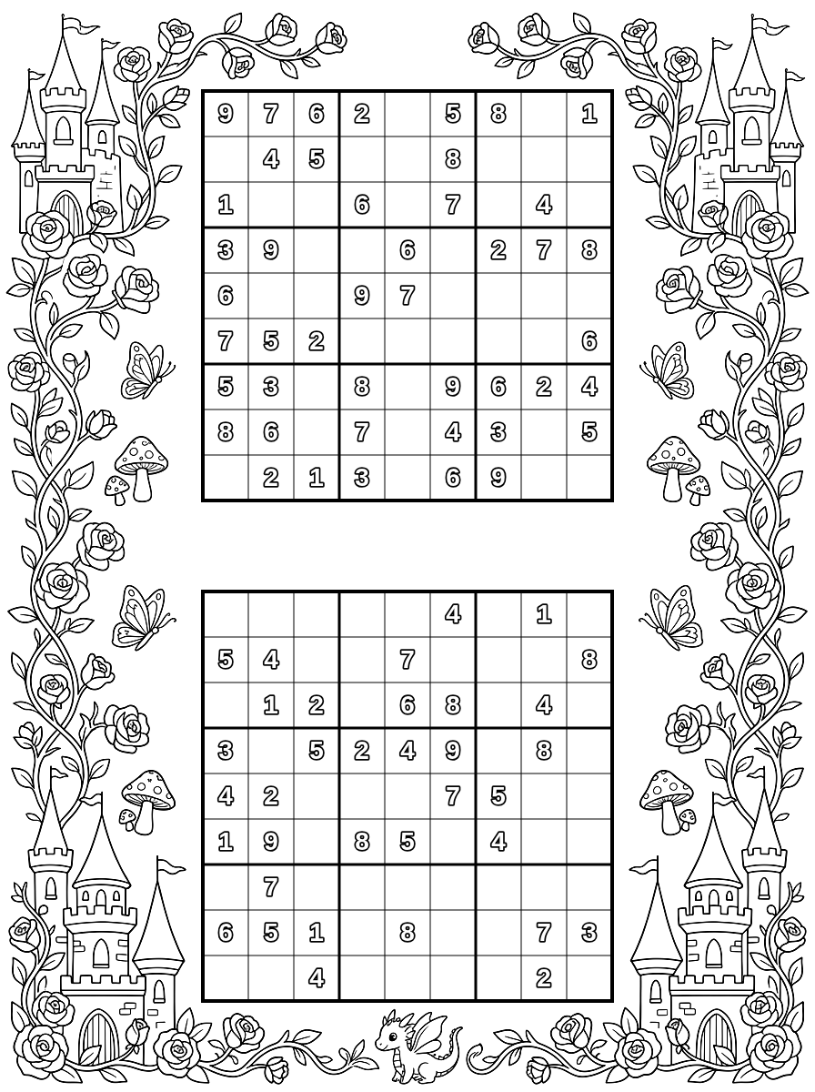 Fairytale Castle 2-Up Sudoku Coloring Page