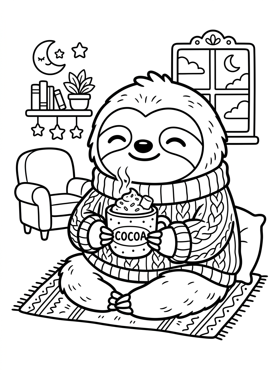 Cozy Sloth in Knit Sweater with Cocoa