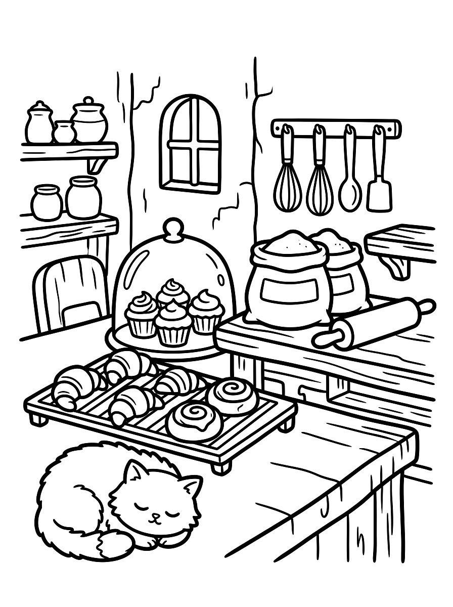 Cozy Cat Bakery Kitchen Coloring Page