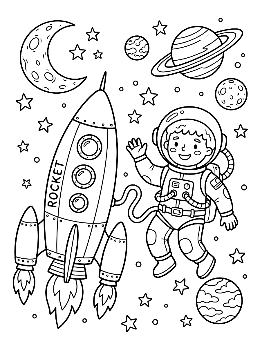Space Astronaut & Rocket Ship Coloring Page