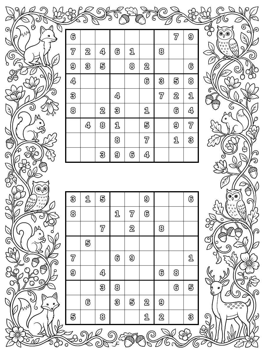 Woodland Animals 2-Up Sudoku Coloring Page