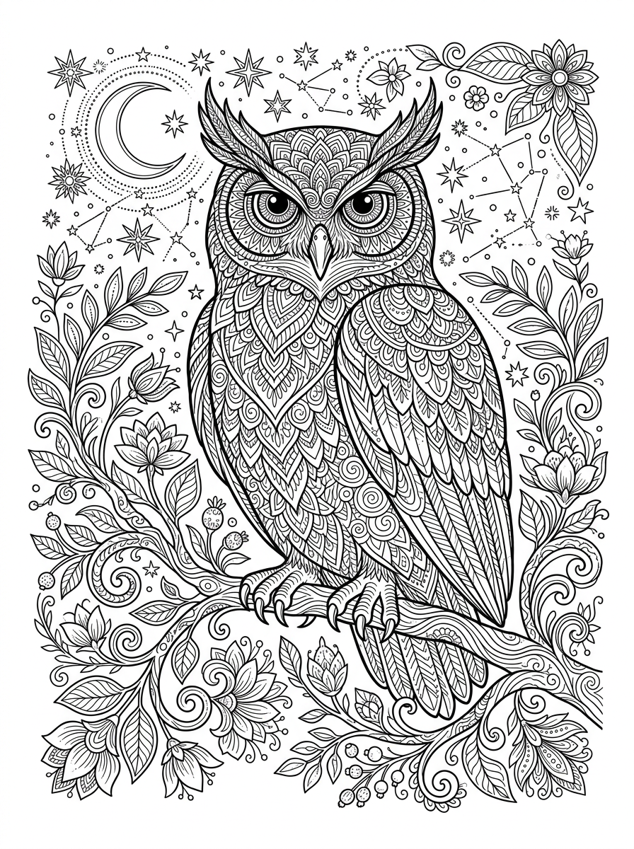 Wise Owl Mandala with Feather Patterns