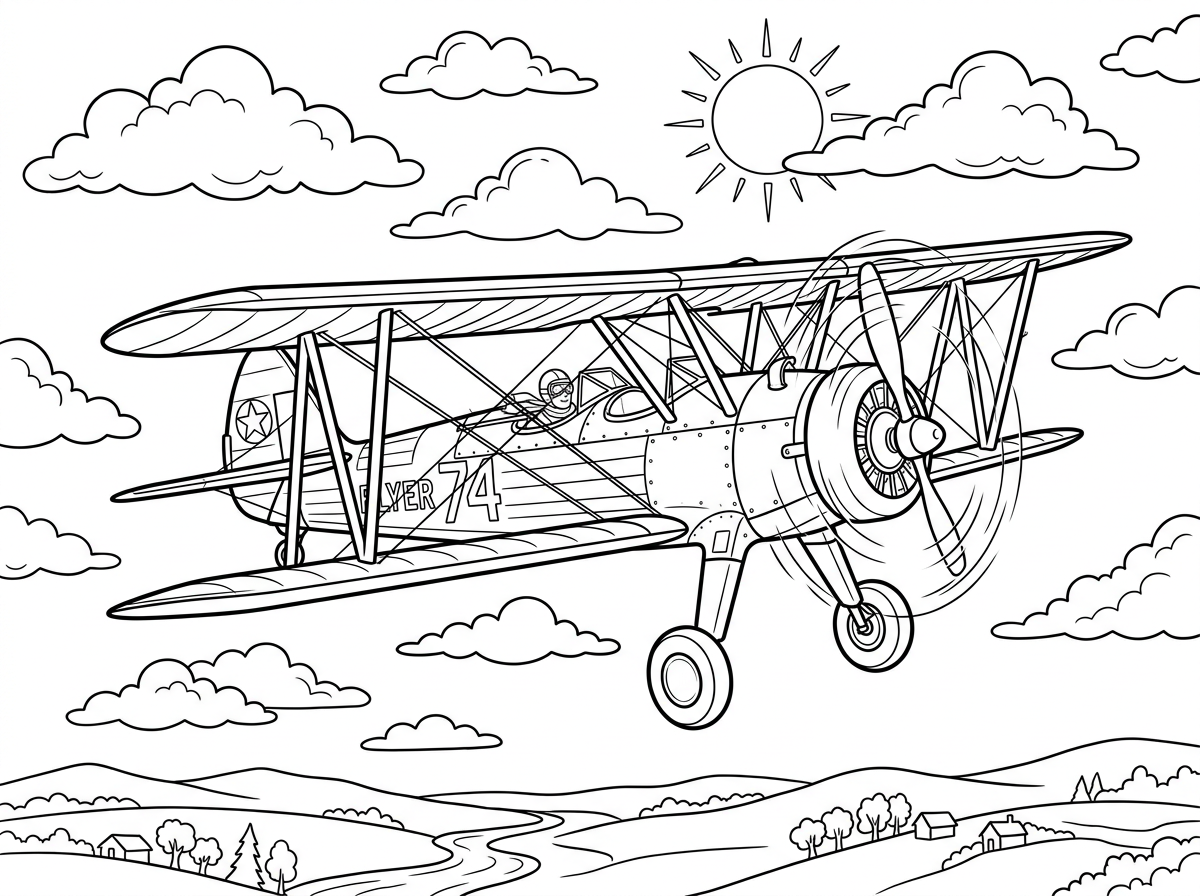 Vintage Biplane Airplane Flying in Clouds