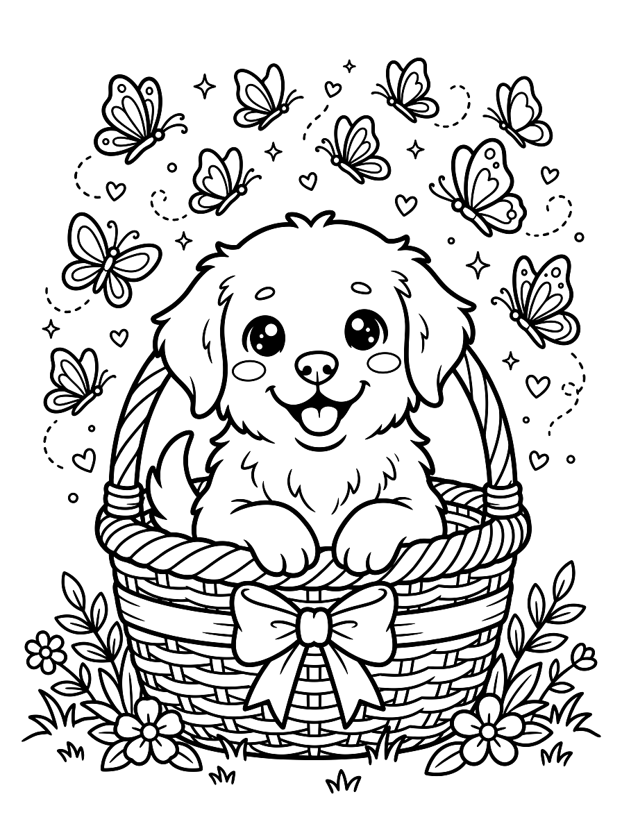 Adorable Puppy in a Basket Coloring Page