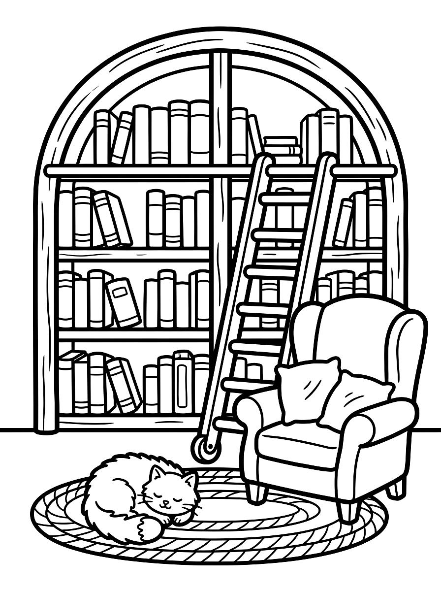 Cozy Bookstore Reading Nook Coloring Page