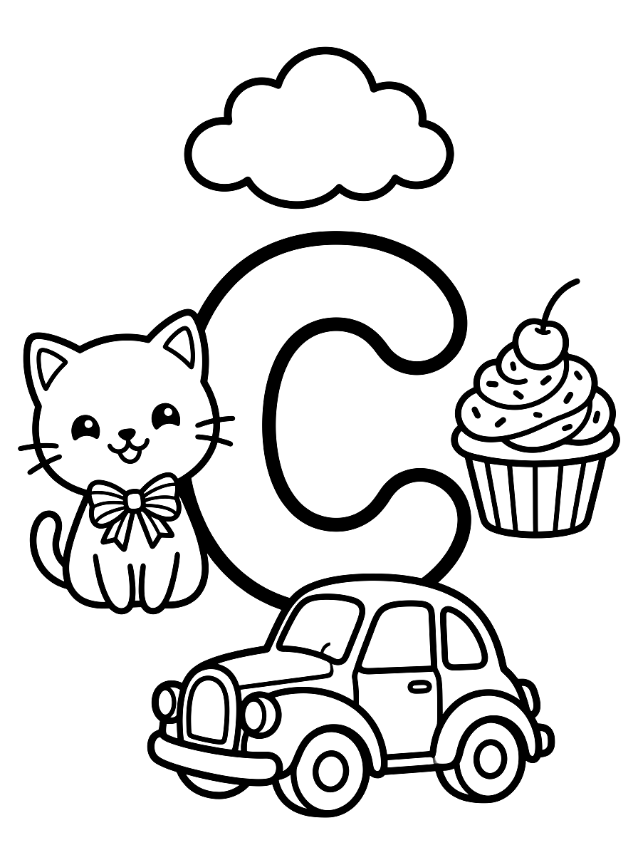 Letter C Cat & Cupcake Alphabet Coloring Page
