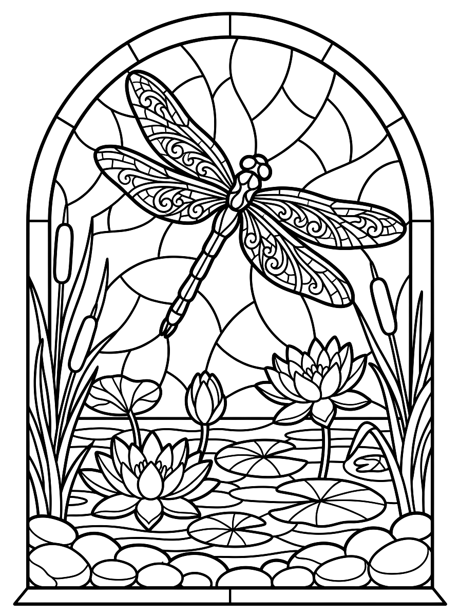 Stained Glass Dragonfly Pond Coloring Page
