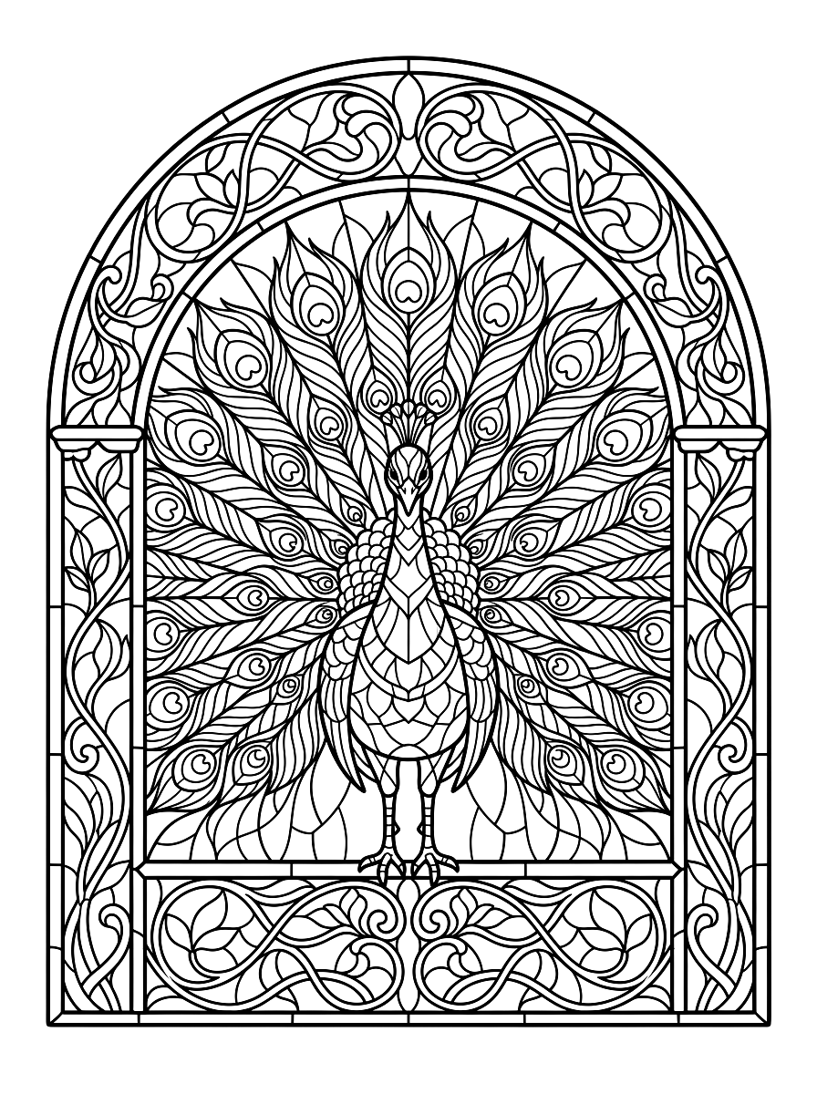Stained Glass Peacock Feathers Coloring Page