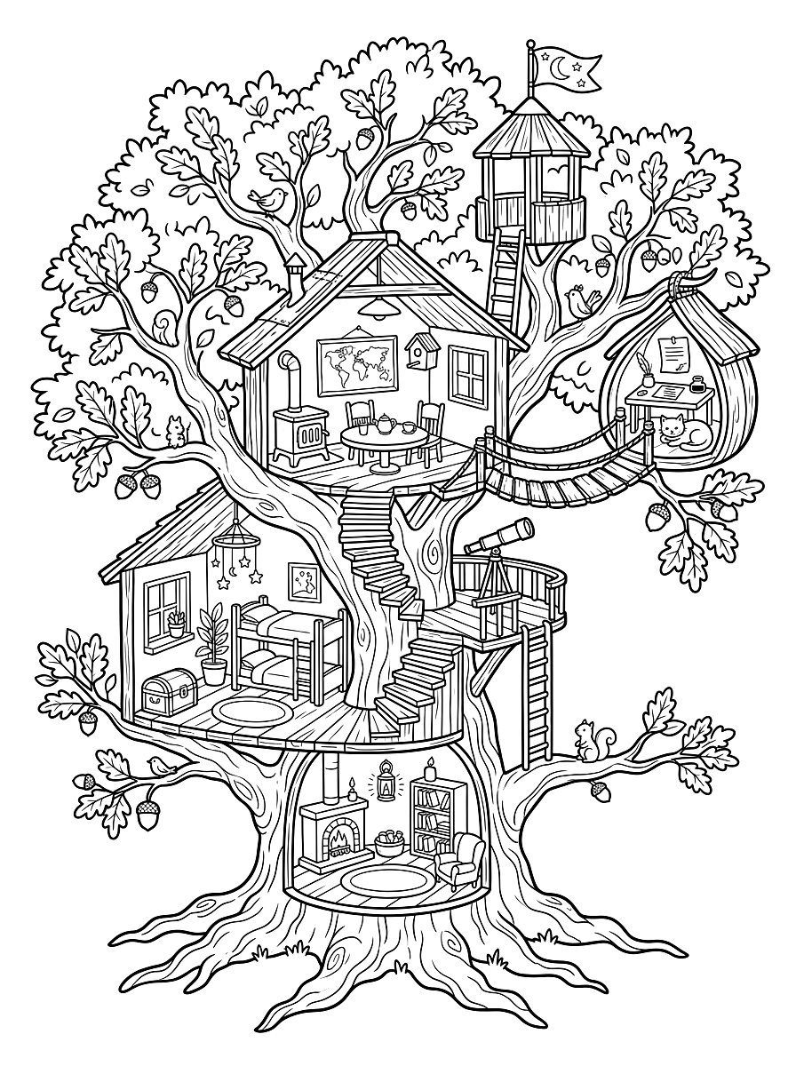 Enchanted Treehouse Cutaway Coloring Page