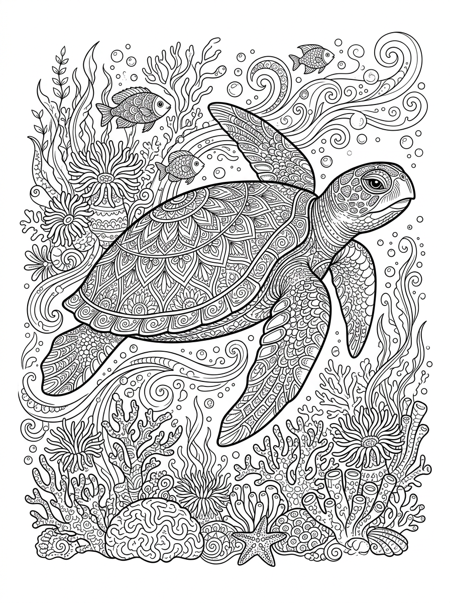 Intricate Sea Turtle Mandala Coloring Page