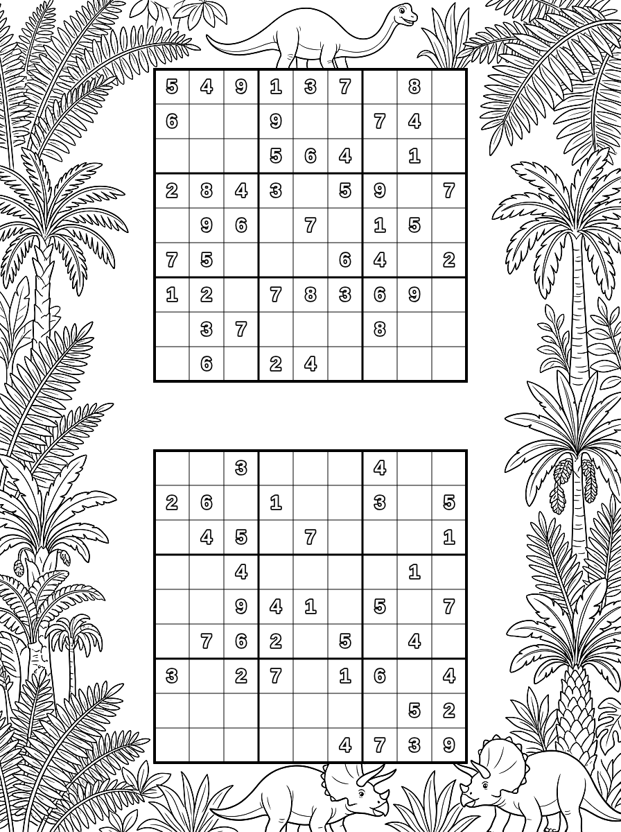 Jurassic Dinosaur 2-Up Sudoku Coloring Page