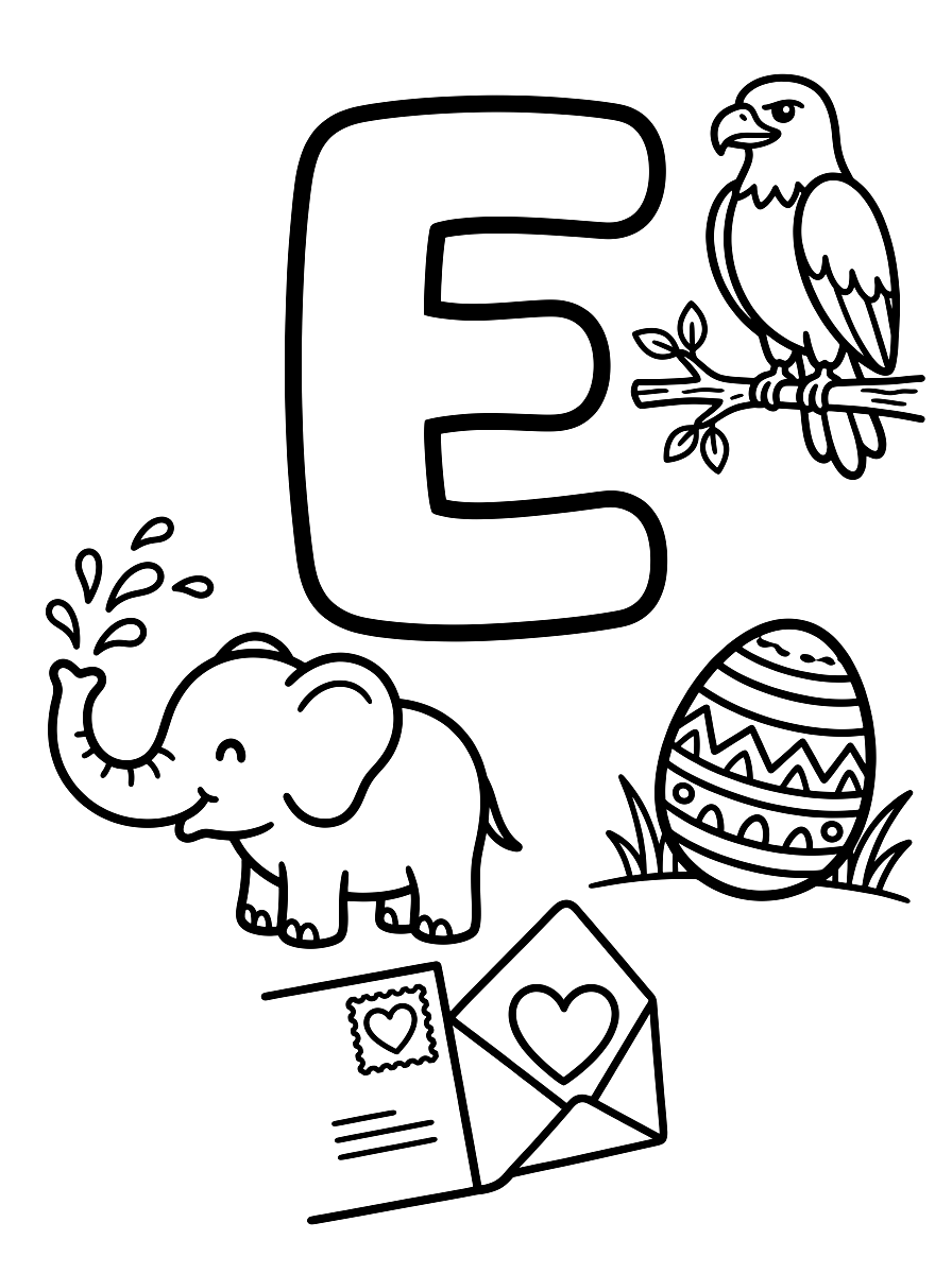 Letter E Elephant & Easter Egg Alphabet Coloring Page
