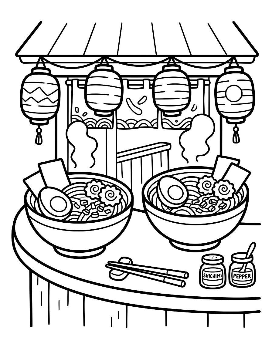 Cozy Ramen Counter Bar Coloring Page