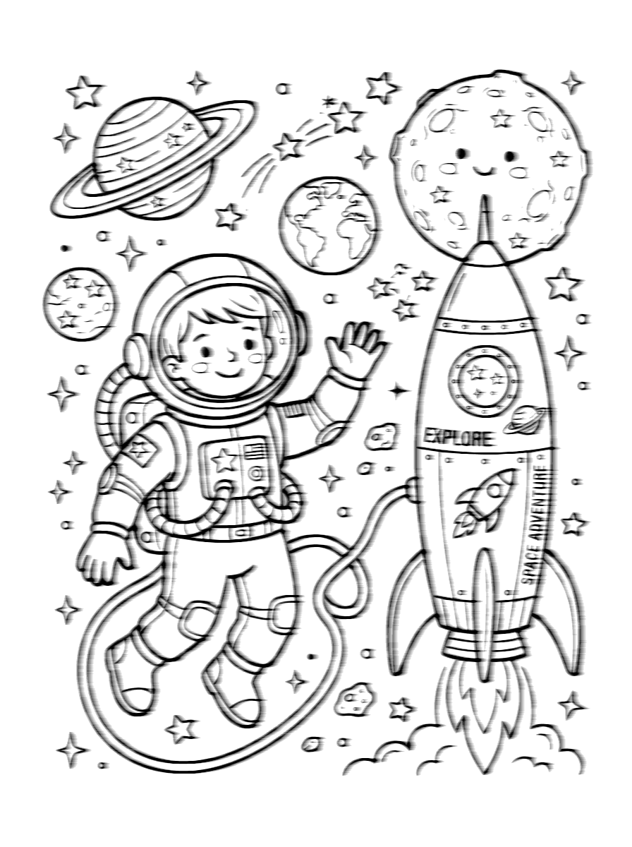 Space Astronaut & Rocket Ship Coloring Page