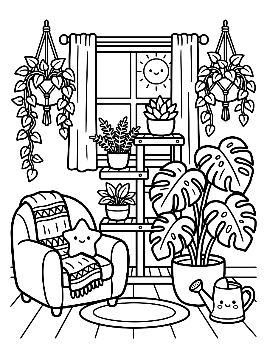 Plant Lover Cozy Room Coloring Page