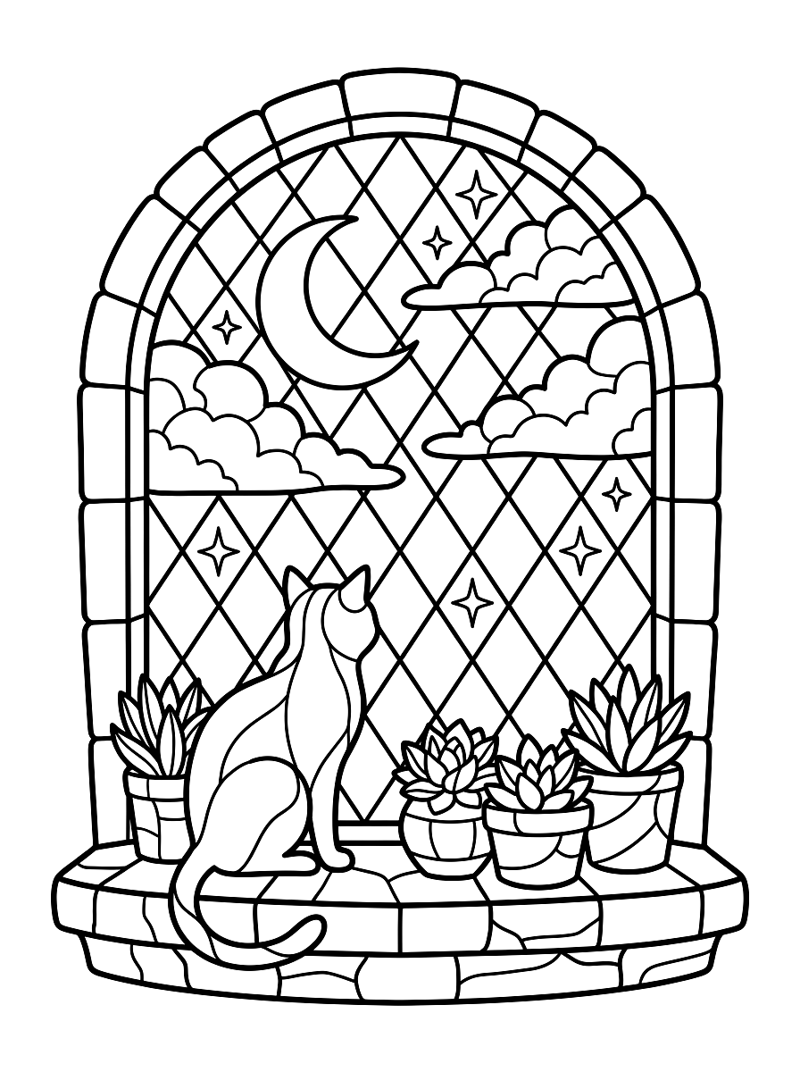Stained Glass Cat on Windowsill Coloring Page