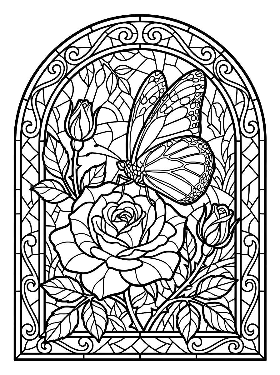 Stained Glass Butterfly & Rose Coloring Page