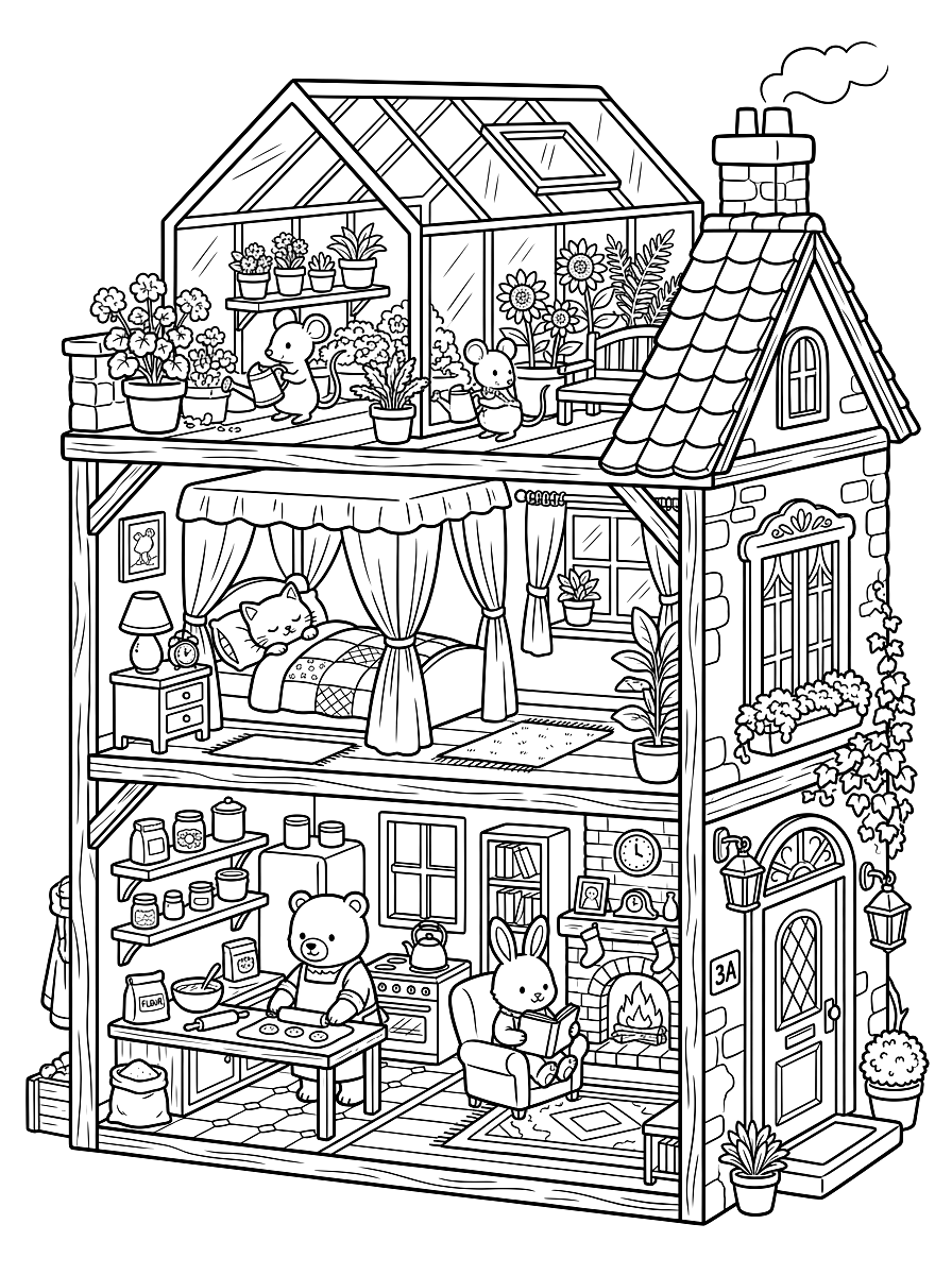 Cozy Animal Townhouse Dollhouse Coloring Page