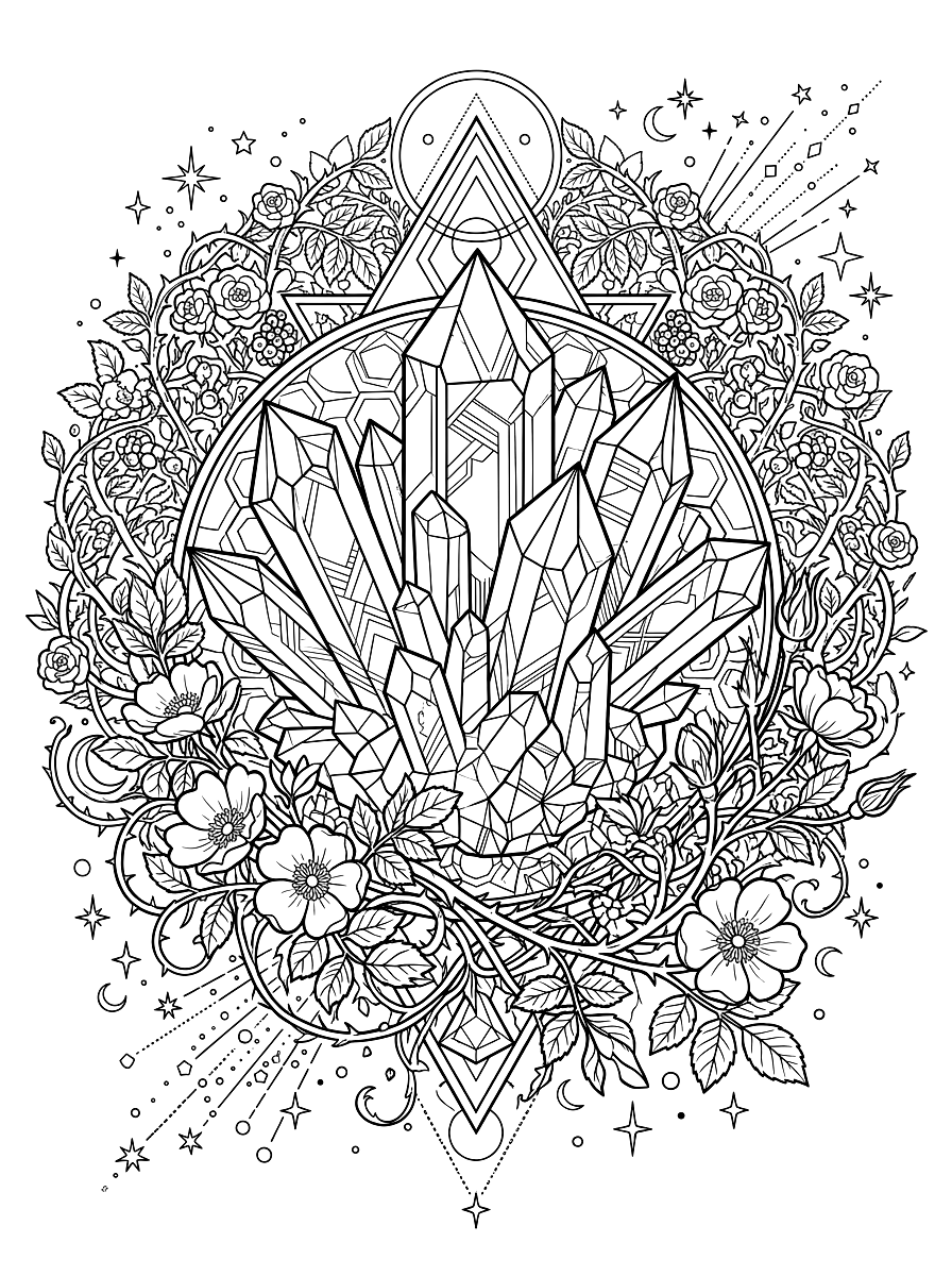 Celestial Crystal Cluster & Botanicals Coloring Page