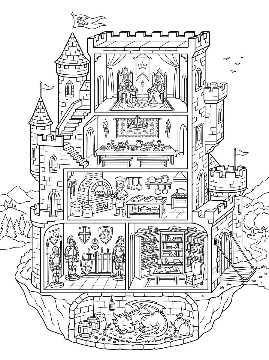 Medieval Fantasy Castle Cutaway Coloring Page