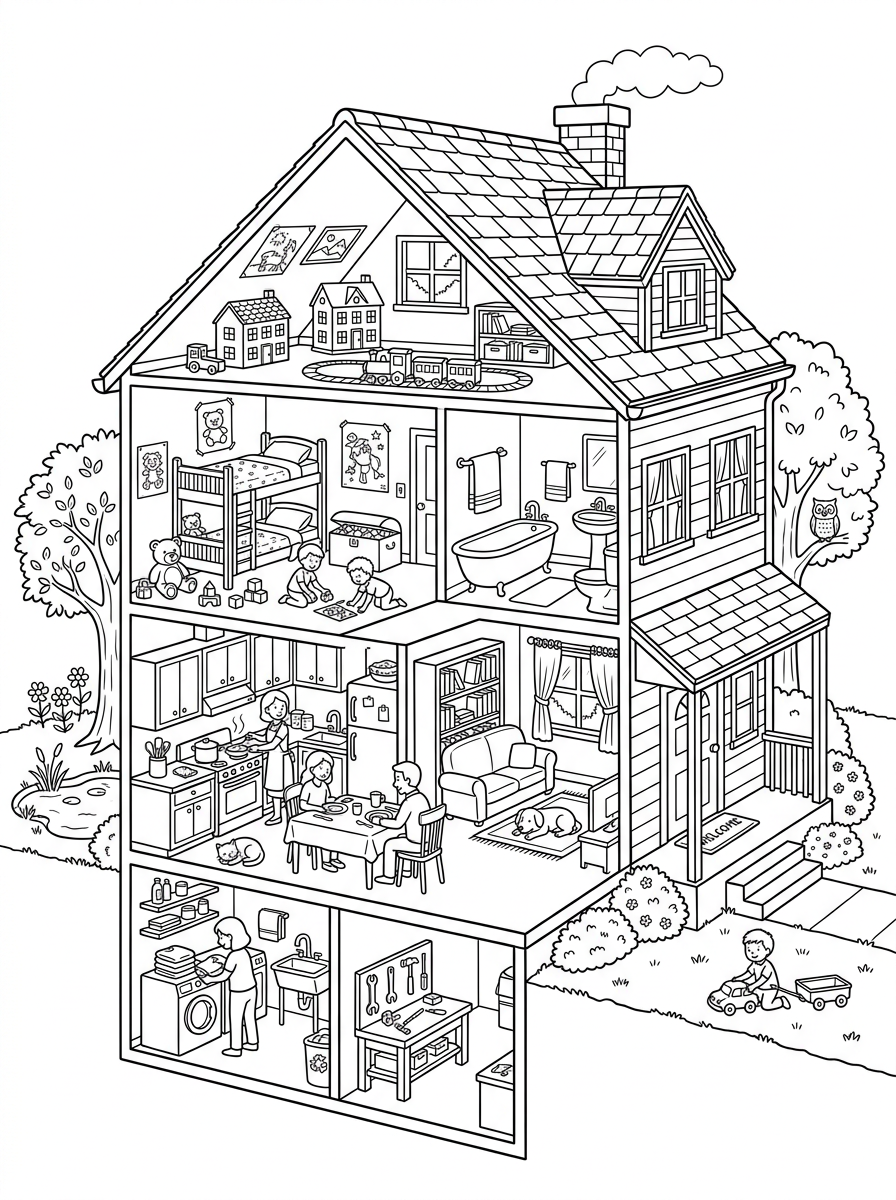 House Cutaway Playset Coloring Page