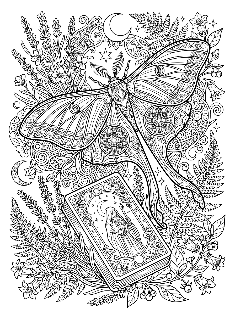 Celestial Luna Moth Botanical Tarot Coloring Page