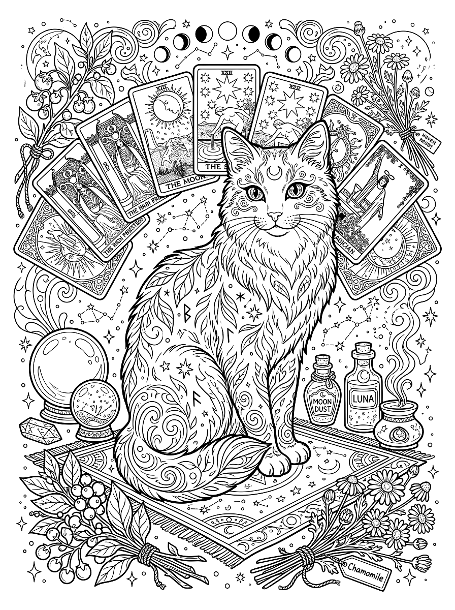 Mystic Celestial Cat & Tarot Cards Coloring Page