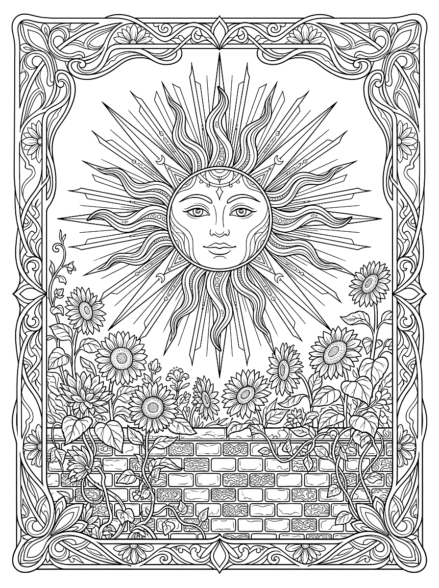 The Sun Tarot Card Aesthetic Coloring Page