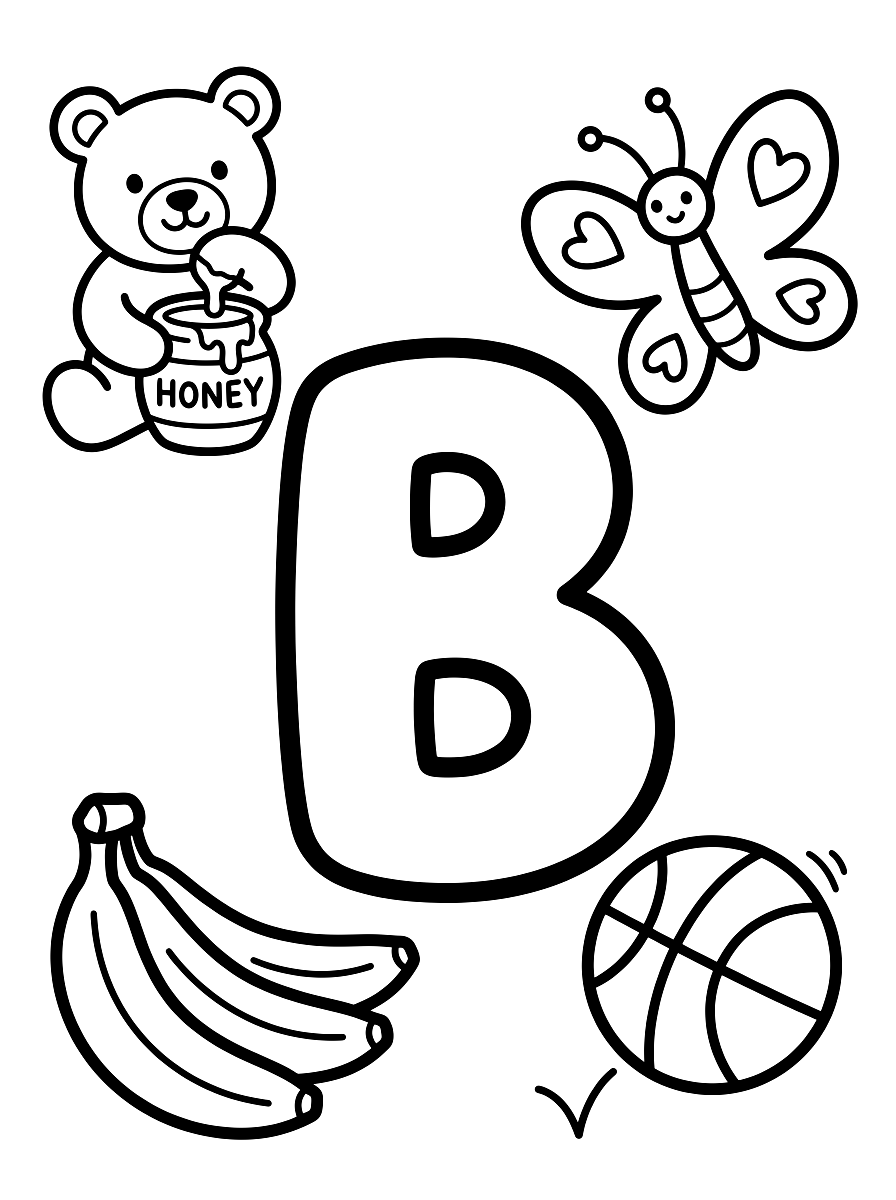 Letter B Bear & Butterfly Alphabet Coloring Page