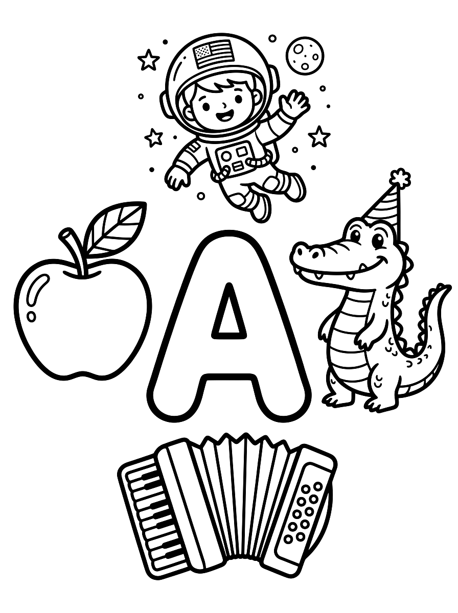 Letter A Apple & Astronaut Alphabet Coloring Page