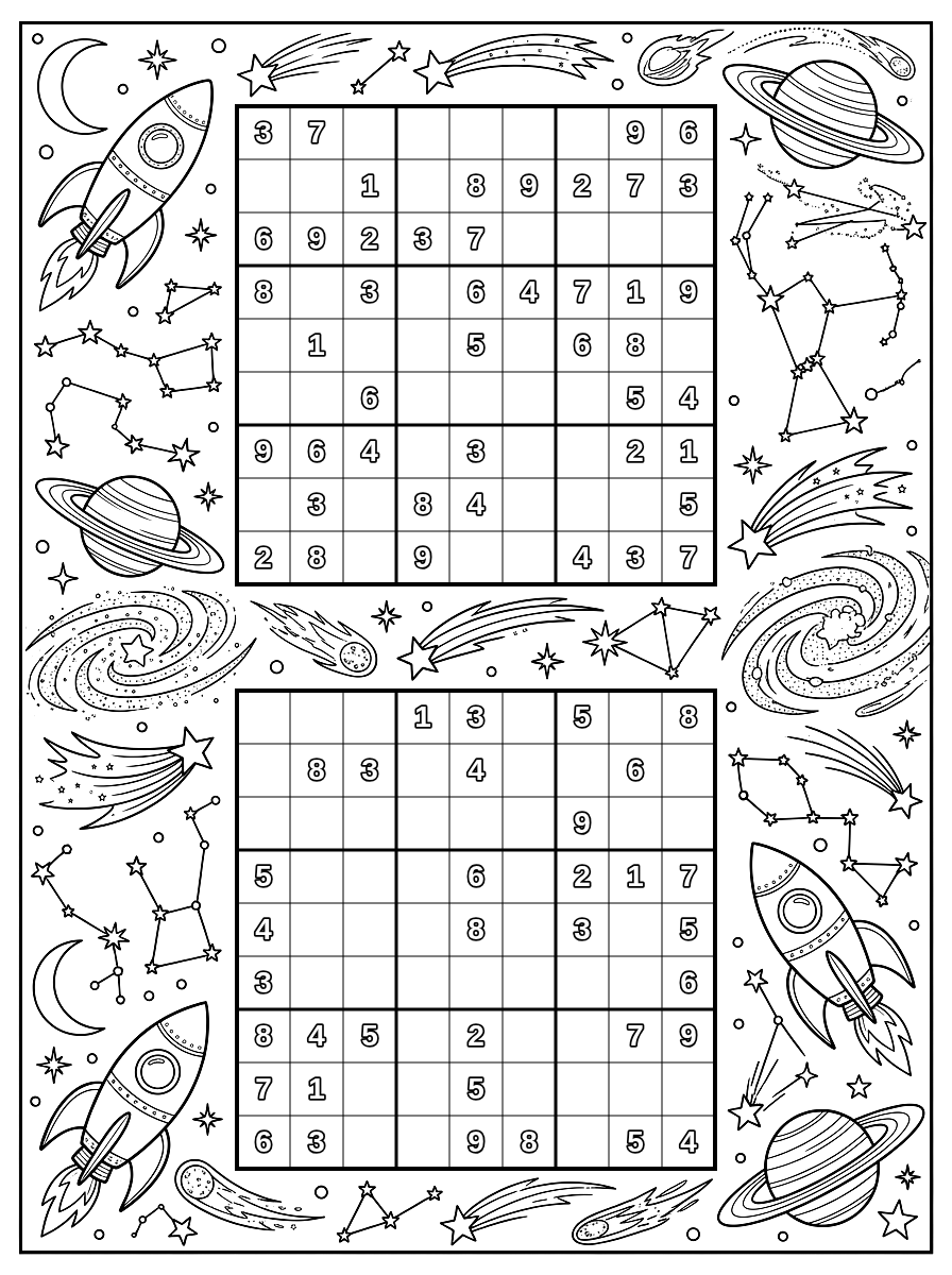 Cosmic Galaxy 2-Up Sudoku Coloring Page