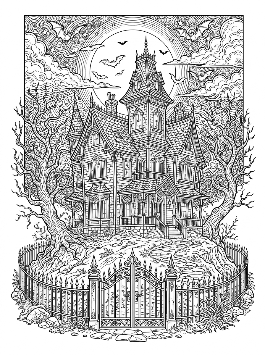 Spooky Haunted Victorian House with Full Moon