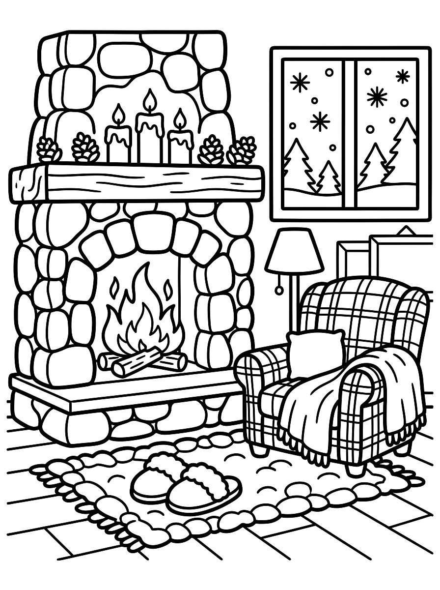 Rustic Cabin Fireplace Hearth Coloring Page