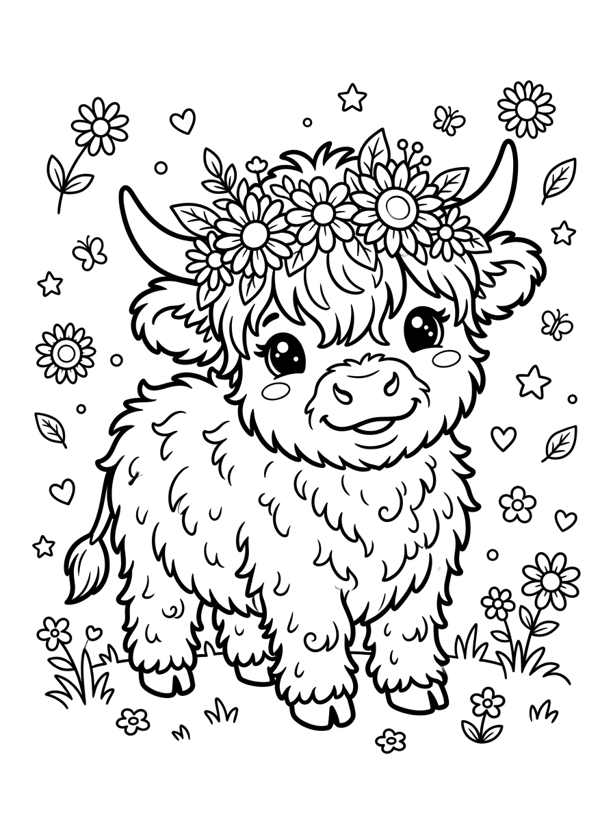 Fluffy Highland Cow with Flower Crown