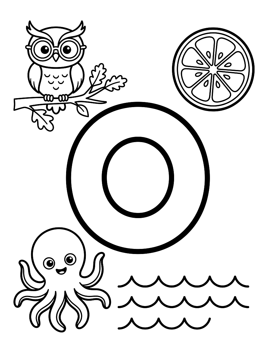 Letter O Owl & Octopus Alphabet Coloring Page
