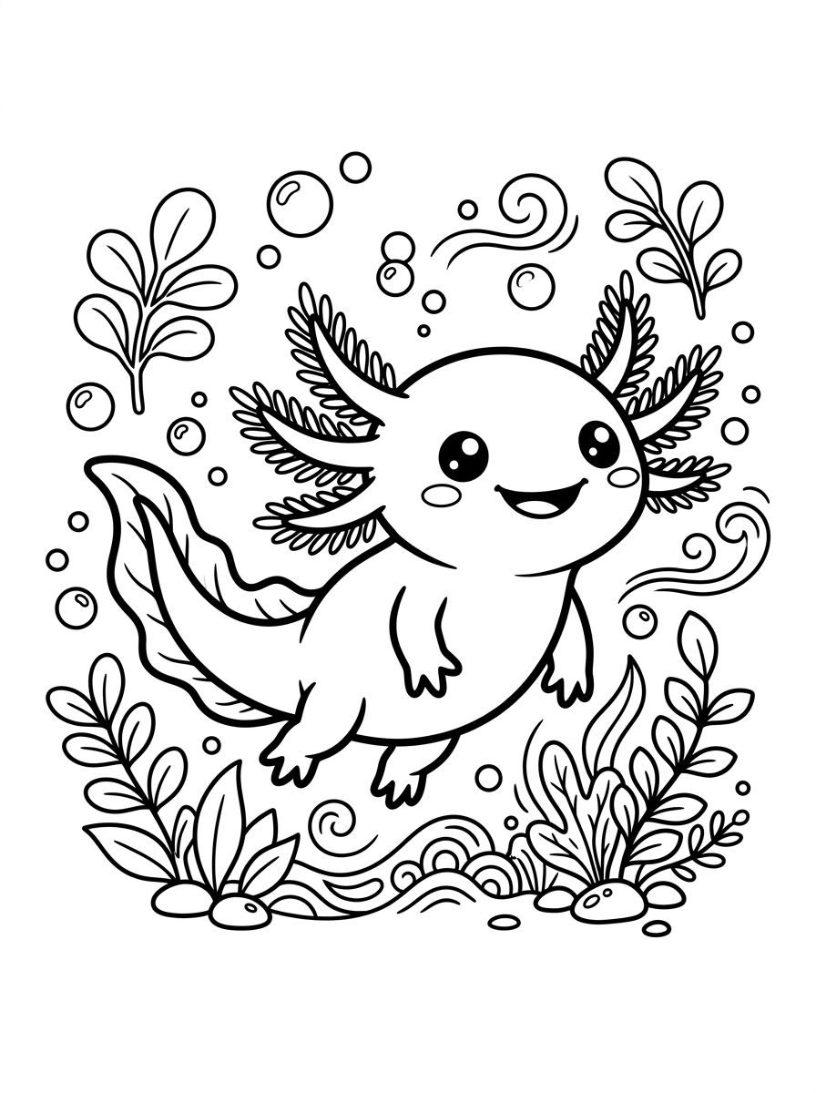 Cute Smiling Axolotl with Water Bubbles