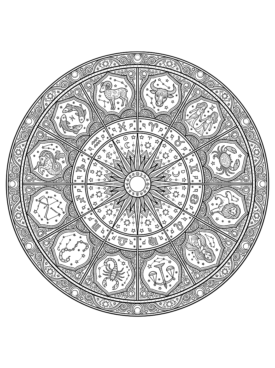 Celestial Astrological Zodiac Wheel Coloring Page